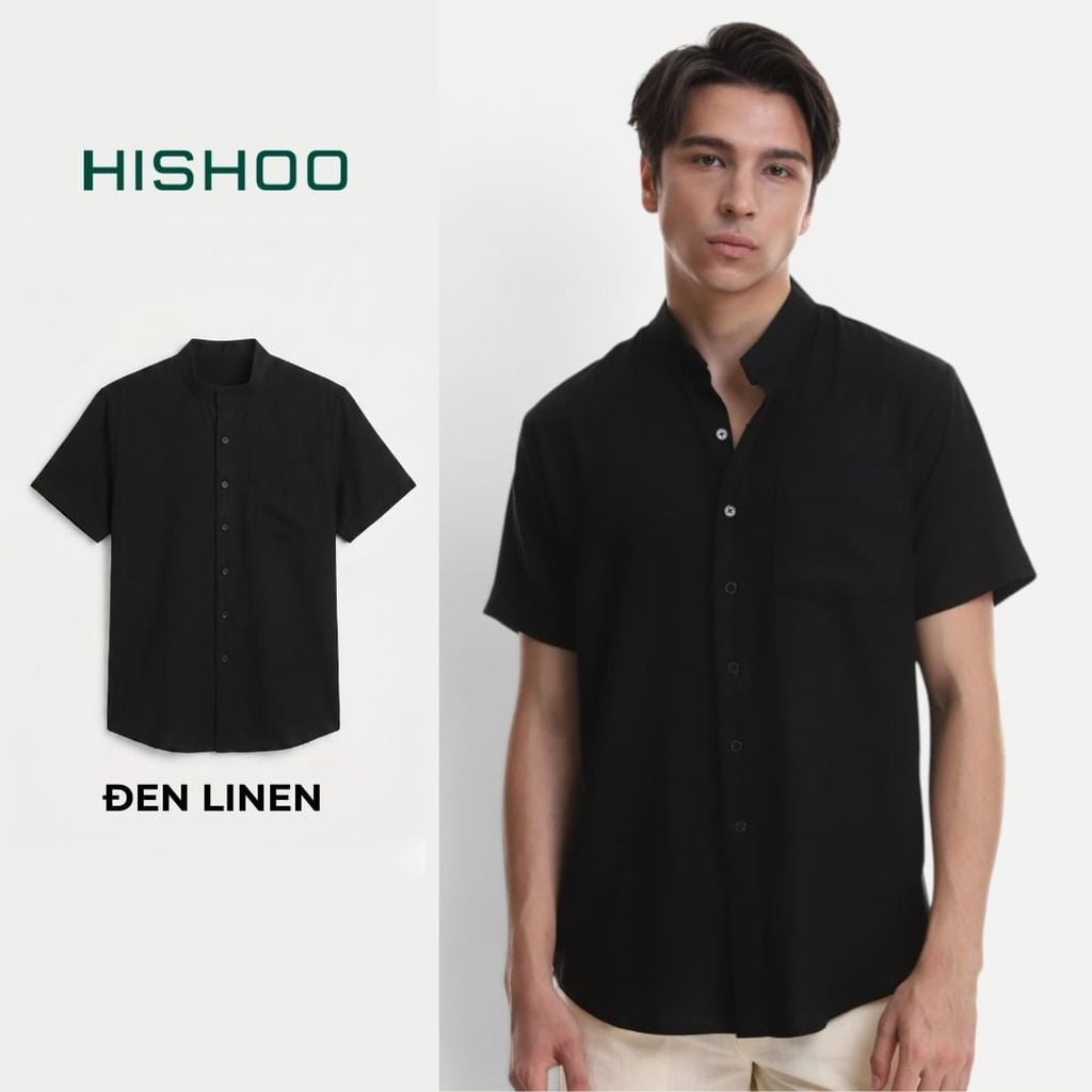 Áo Sơ Mi Nam Relax Form Rộng, Cổ Tàu Vuông, Lai Ngang Linen Solene Vải Mềm Mát HISHOO A1T002