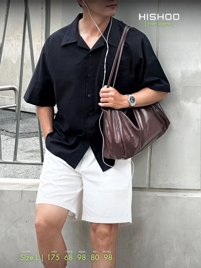 Áo Sơ Mi Đen Nam Relax Form Rộng, Cổ Bác Sĩ, Lai Ngang Linen Solene Vải Mềm Mát HISHOO A1T004