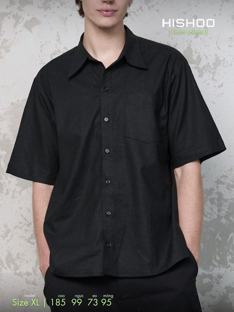 Áo Sơ Mi Nam Đen Relax Form Rộng, Cổ Thường, Lai Ngang Linen Solene Vải Mềm Mát HISHOO A1T003