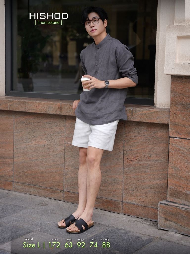 Áo Sơ Mi Nam Tay Dài Relax Form Rộng, Cổ Polo Tàu Vuông, Xẻ V Linen Solene Vải Mềm Mát HISHOO A3T002