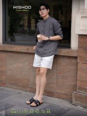 Áo Sơ Mi Nam Tay Dài Relax Form Rộng, Cổ Polo Tàu Vuông, Xẻ V Linen Solene Vải Mềm Mát HISHOO A3T002