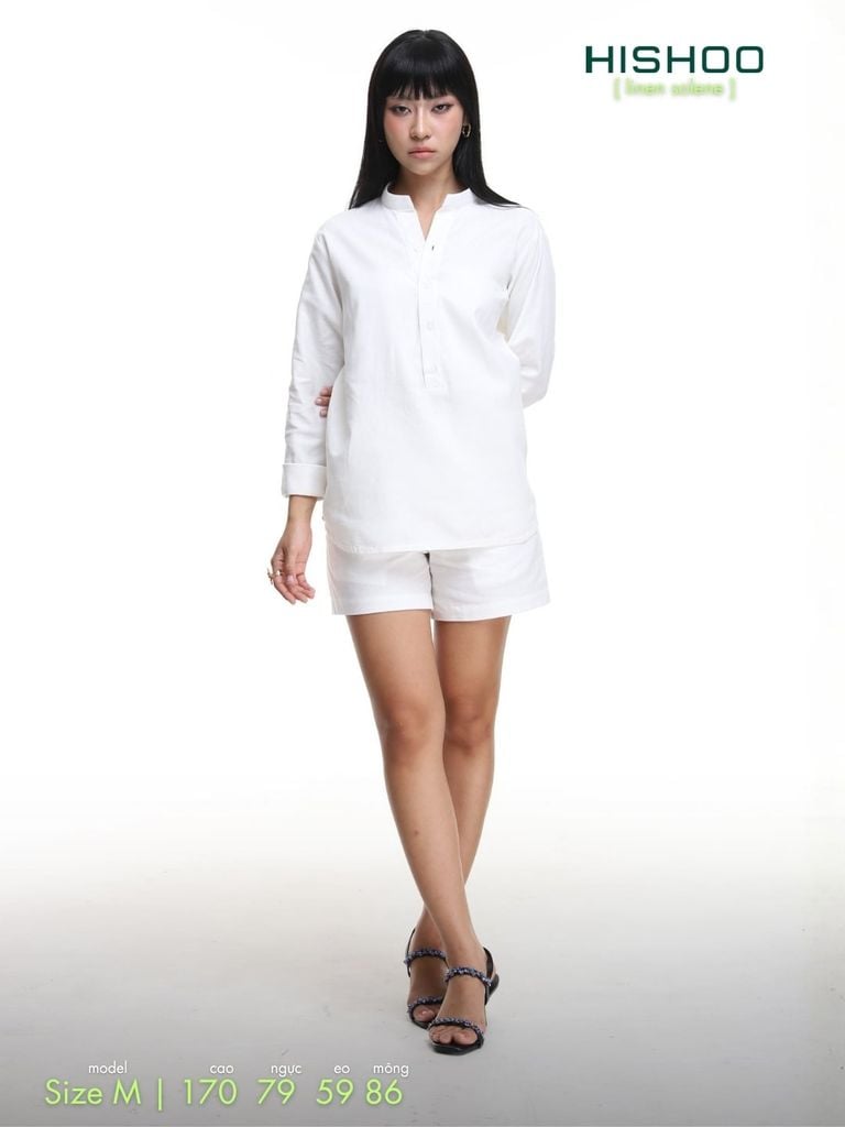 Áo Sơ Mi Trắng Nữ Tay Dài Relax Form Rộng, Cổ Polo Tàu Vuông, Xẻ V Linen Solene Vải Mềm Mát HISHOO A3G002