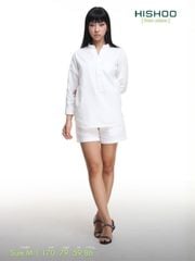 Áo Sơ Mi Trắng Nữ Tay Dài Relax Form Rộng, Cổ Polo Tàu Vuông, Xẻ V Linen Solene Vải Mềm Mát HISHOO A3G002