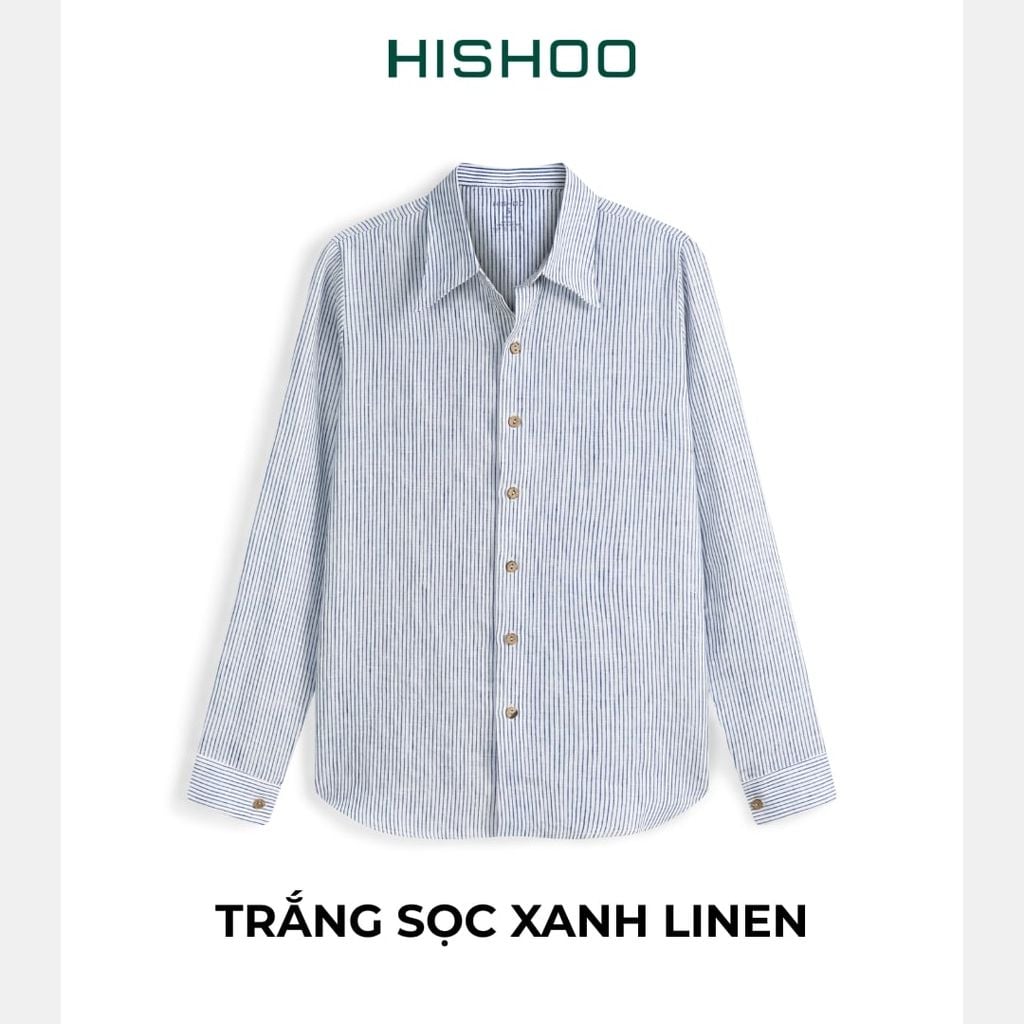 Áo Sơ Mi Sọc Nút Gỗ Tay Dài Nữ Relax Form Rộng, Cổ Thường, Lai Ngang Linen Solene Vải Mềm Mát HISHOO A2G003
