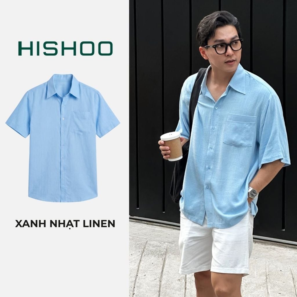 Áo Sơ Mi Nam Relax Form Rộng, Cổ Thường, Lai Ngang Linen Solene Vải Mềm Mát HISHOO A1T003