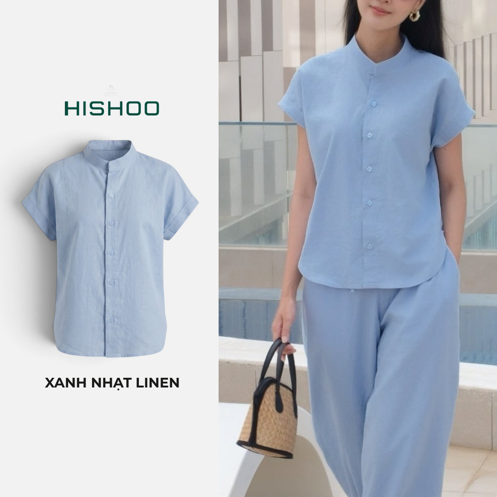 Áo Sơ Mi Nữ Tay Ngắn Relax Form Rộng, Cổ Tàu Vuông, Linen Solene Vải Mềm Mát HISHOO A4G002