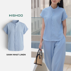 Áo Sơ Mi Nữ Tay Ngắn Relax Form Rộng, Cổ Tàu Vuông, Linen Solene Vải Mềm Mát HISHOO A4G002