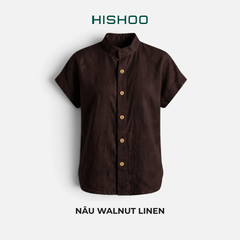 Áo Sơ Mi Nữ Nút Gỗ Tay Ngắn Relax Form Rộng, Cổ Tàu Vuông, Linen Solene Vải Mềm Mát HISHOO A4G002