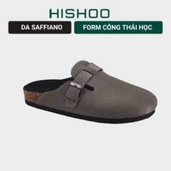 Dép đế trấu sục Boston quai ngang Xám Ghi da saffiano  HISHOO R109