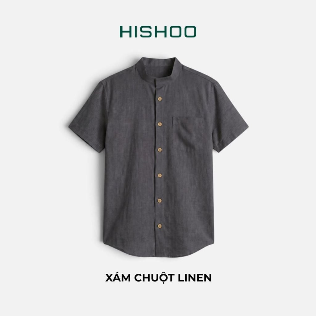 Áo Sơ Mi Nam Nút Gỗ Relax Form Rộng, Cổ Tàu Vuông, Lai Ngang Linen Solene Vải Mềm Mát HISHOO A1T002