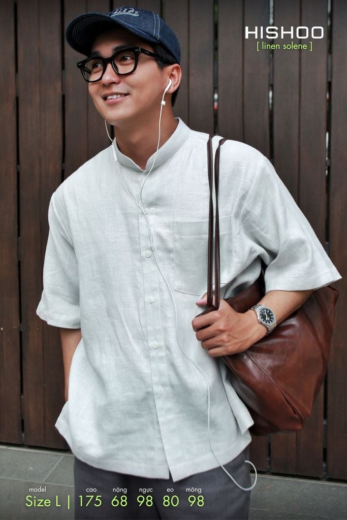 Áo Sơ Mi Tàu Tròn Nam Xám Tro Relax Form Rộng, Cổ Tàu Tròn, Lai Ngang Linen Solene Vải Mềm Mát HISHOO A1T001