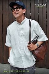 Áo Sơ Mi Tàu Tròn Nam Xám Tro Relax Form Rộng, Cổ Tàu Tròn, Lai Ngang Linen Solene Vải Mềm Mát HISHOO A1T001