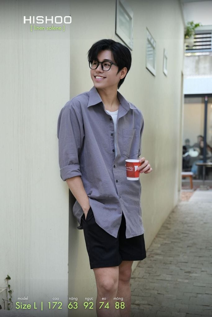 Áo Sơ Mi Nam Xám Môn Tay Dài Relax Form Rộng, Cổ Thường, Lai Ngang Linen Solene Vải Mềm Mát HISHOO A2T003