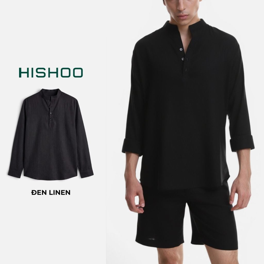 Áo Sơ Mi Nam Tay Dài Relax Form Rộng, Cổ Polo Tàu Vuông, Xẻ V Linen Solene Vải Mềm Mát HISHOO A3T002