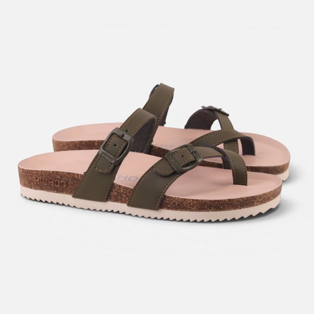 Dép đế trấu birken Xỏ Ngón Xanh Olive Da Trơn Premium HISHOO B098