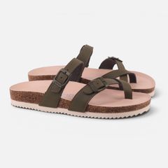 Dép đế trấu birken Xỏ Ngón Xanh Olive Da Trơn Premium HISHOO B098