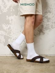 Dép đế trấu birken quai ngang chéo MẶT ĐEN da bò HISHOO M096