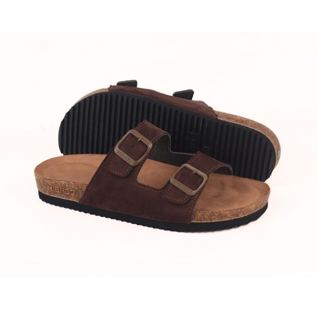 Dép đế trấu birken 2 khoá Nâu Walnut da lộn premium HISHOO H093