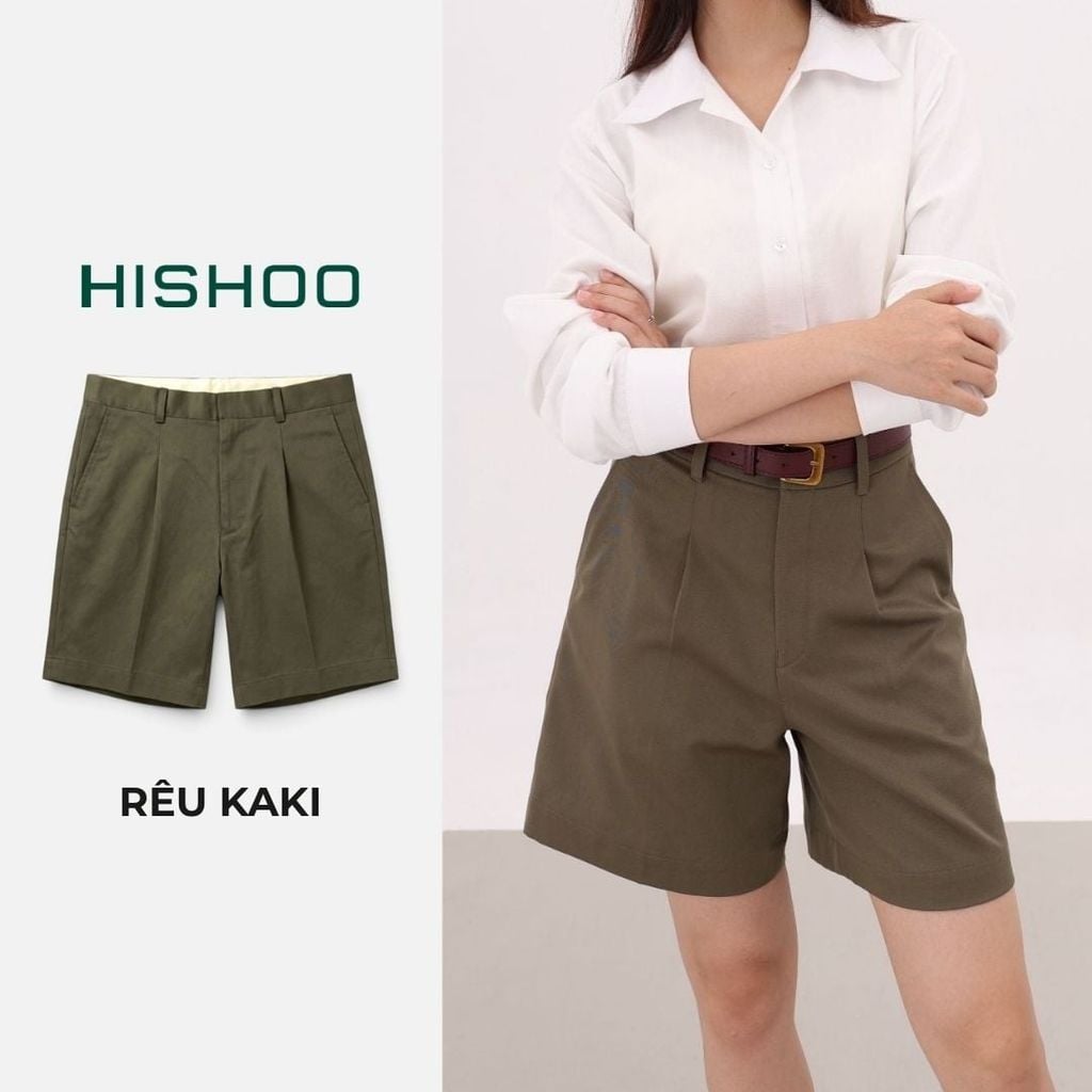 Quần kaki nữ lưng cao xếp li Hishoo short suông basic mặc đi chơi, đi làm HISHOO Q2G001