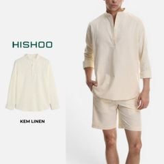 Áo Sơ Mi Nam Tay Dài Relax Form Rộng, Cổ Polo Tàu Vuông, Xẻ V Linen Solene Vải Mềm Mát HISHOO A3T002