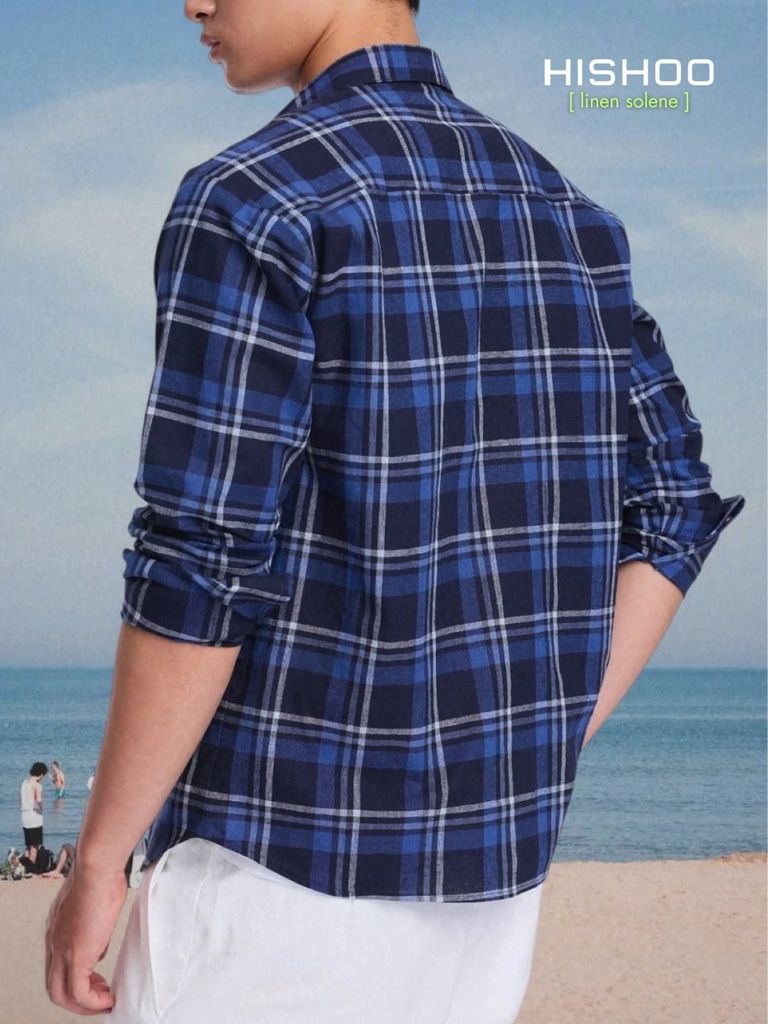Áo Sơ Mi Caro Nút Gỗ Tay Dài Nam Relax Form Rộng, Cổ Thường, Lai Ngang Linen Solene Vải Mềm Mát HISHOO A2T003