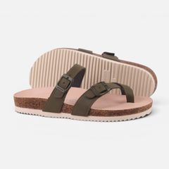 Dép đế trấu birken Xỏ Ngón Xanh Olive Da Trơn Premium HISHOO B098