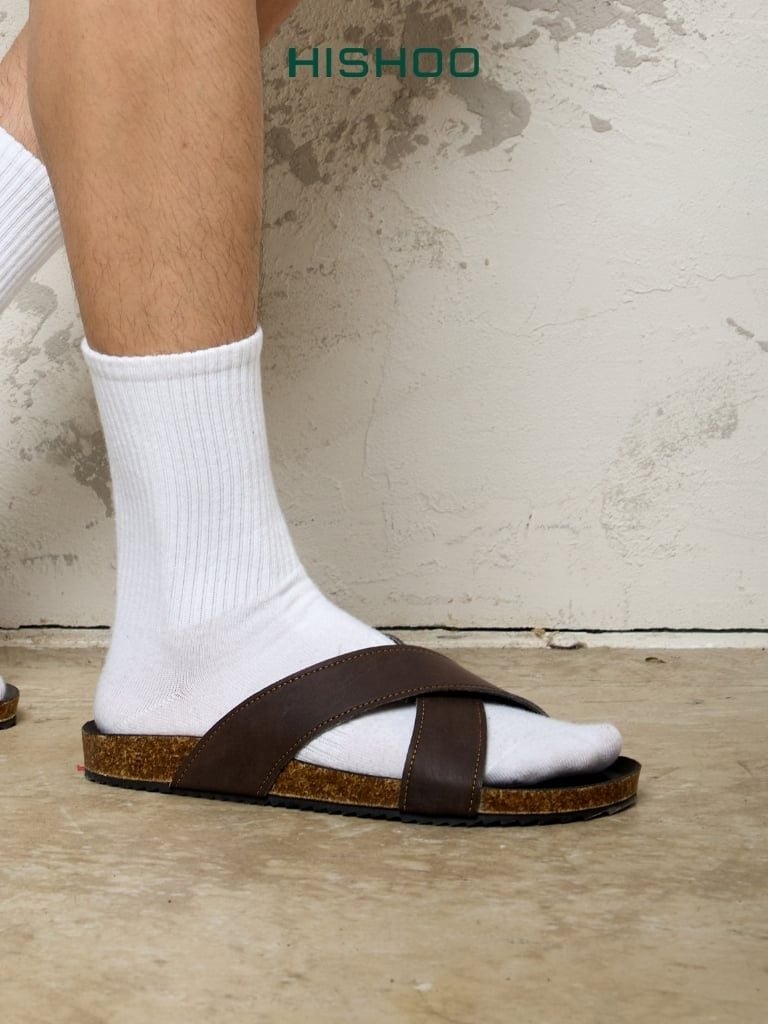 Dép đế trấu birken quai ngang chéo MẶT ĐEN da bò HISHOO M096