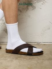 Dép đế trấu birken quai ngang chéo MẶT ĐEN da bò HISHOO M096