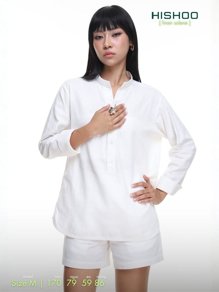 Áo Sơ Mi Nữ Tay Dài Relax Form Rộng, Cổ Polo Tàu Vuông, Xẻ V Linen Solene Vải Mềm Mát HISHOO A3G002