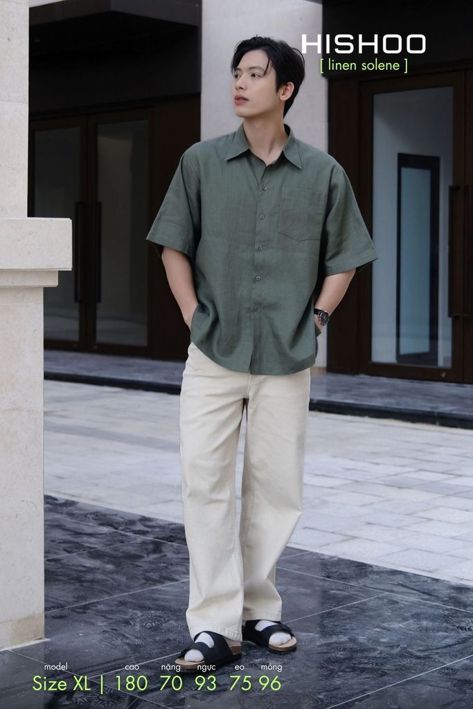Áo Sơ Mi Nam Rêu  Relax Form Rộng, Cổ Thường, Lai Ngang Linen Solene Vải Mềm Mát HISHOO A1T003