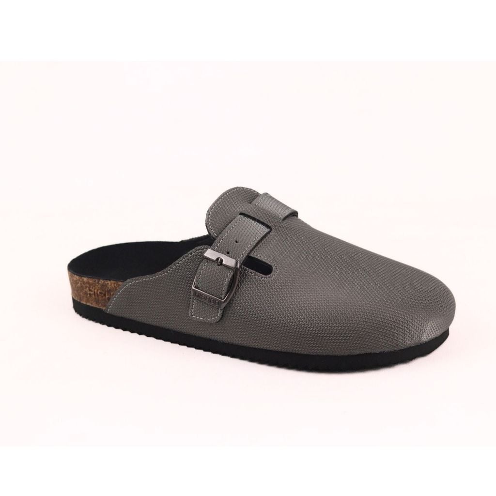 Dép đế trấu sục Boston quai ngang Xám Ghi da saffiano  HISHOO R109