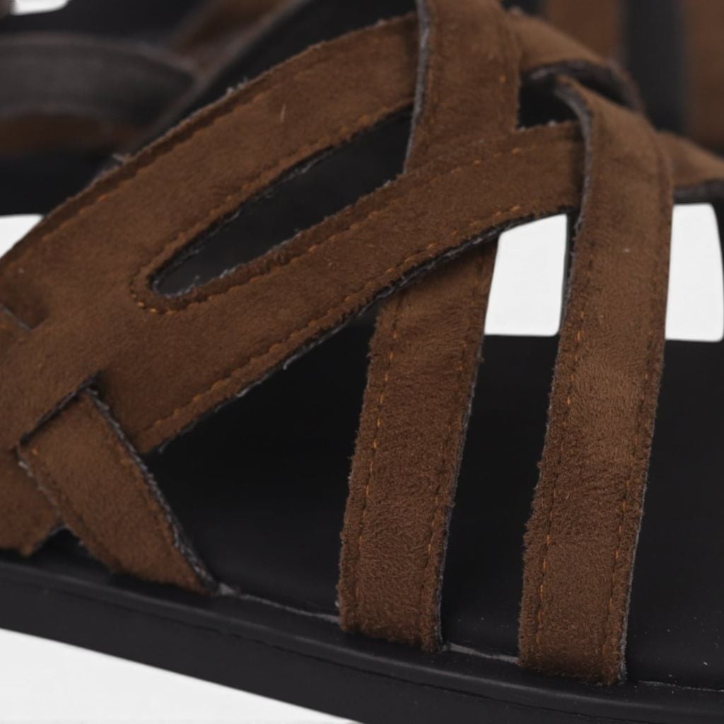 Dép Sandal lê bệt Nam quai ngang chéo xỏ ngón da lộn premium Manto 6 HISHOO K010