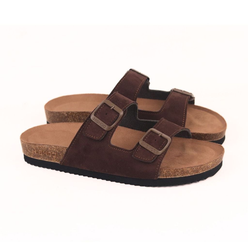 Dép đế trấu birken 2 khoá Nâu Walnut da lộn premium HISHOO H093