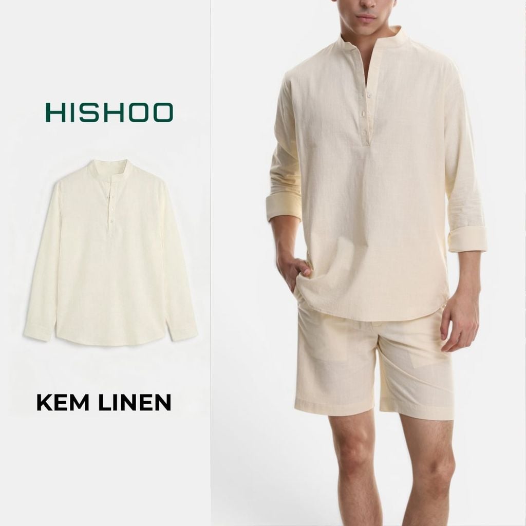 Áo Sơ Mi Nam Tay Dài Relax Form Rộng, Cổ Polo Tàu Vuông, Xẻ V Linen Solene Vải Mềm Mát HISHOO A3T002