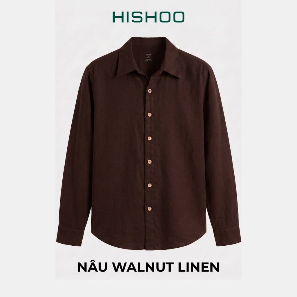 Áo Sơ Mi Rêu Nút Gỗ Nam Tay Dài Relax Form Rộng, Cổ Thường, Lai Ngang Linen Solene Vải Mềm Mát HISHOO A2T003