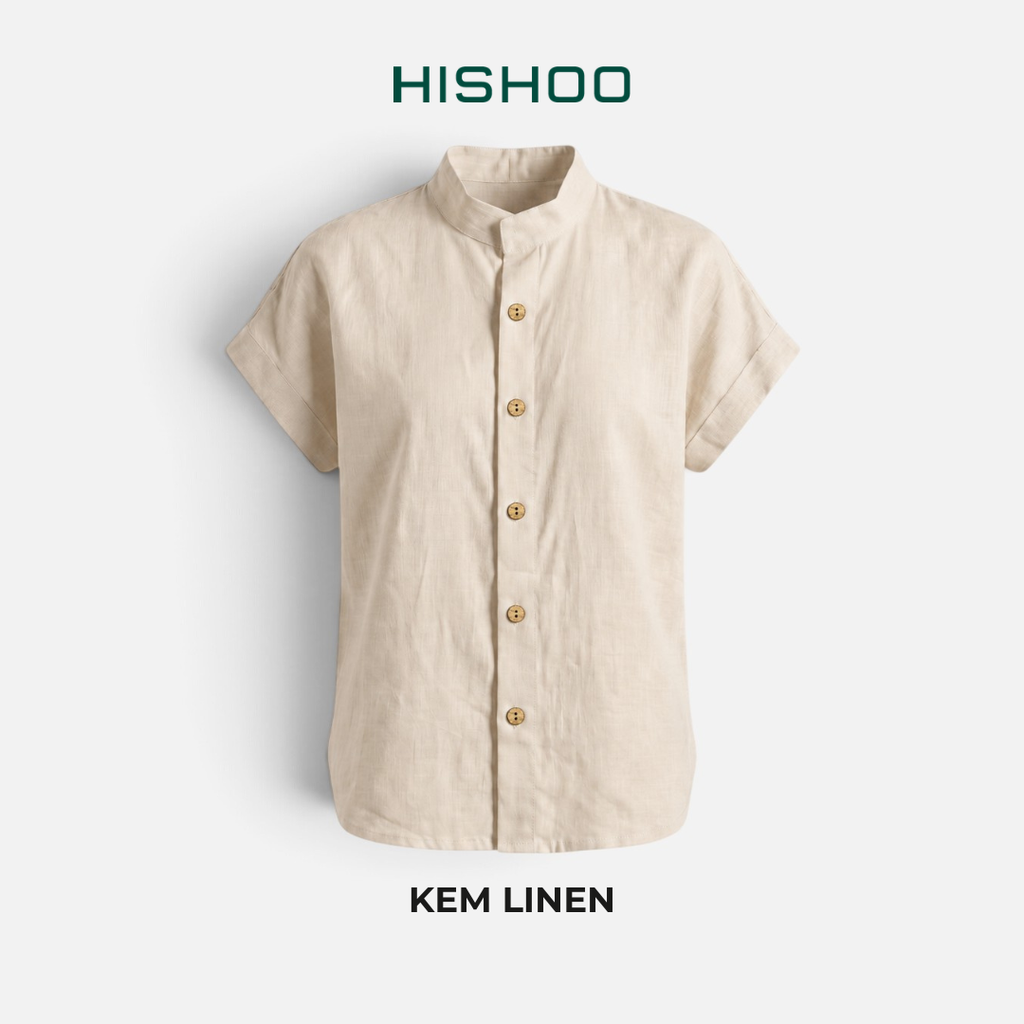 Áo Sơ Mi Nữ Nút Gỗ Tay Ngắn Relax Form Rộng, Cổ Tàu Vuông, Linen Solene Vải Mềm Mát HISHOO A4G002