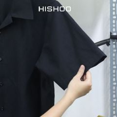 Áo Sơ Mi Đen Nữ Relax Form Rộng, Cổ Tàu Vuông, Lai Ngang Linen Solene Vải Mềm Mát HISHOO A1G002