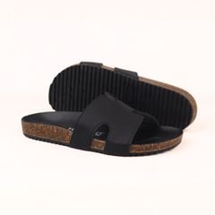 Dép đế trấu birken Chữ H MẶT ĐEN da SAFFIANO Hishoo M095