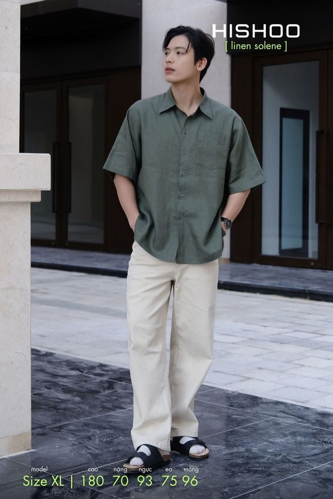 Áo Sơ Mi Nam Rêu  Relax Form Rộng, Cổ Thường, Lai Ngang Linen Solene Vải Mềm Mát HISHOO A1T003