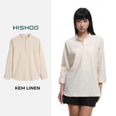 Áo Sơ Mi Nữ Tay Dài Relax Form Rộng, Cổ Polo Tàu Vuông, Xẻ V Linen Solene Vải Mềm Mát HISHOO A3G002