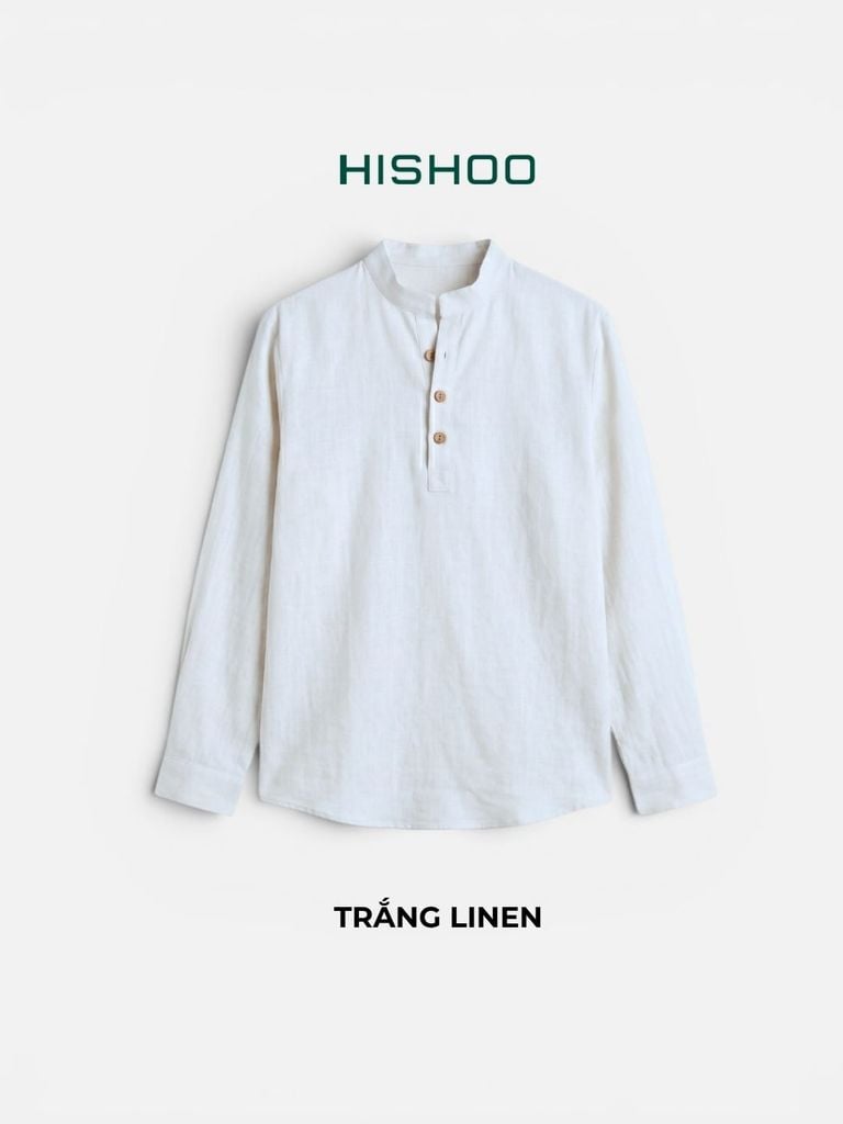 Áo Sơ Mi Nữ Nút Gỗ Tay Dài Relax Form Rộng, Cổ Polo Tàu Vuông, Xẻ V Linen Solene Vải Mềm Mát HISHOO A3G002