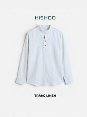Áo Sơ Mi Nữ Nút Gỗ Tay Dài Relax Form Rộng, Cổ Polo Tàu Vuông, Xẻ V Linen Solene Vải Mềm Mát HISHOO A3G002