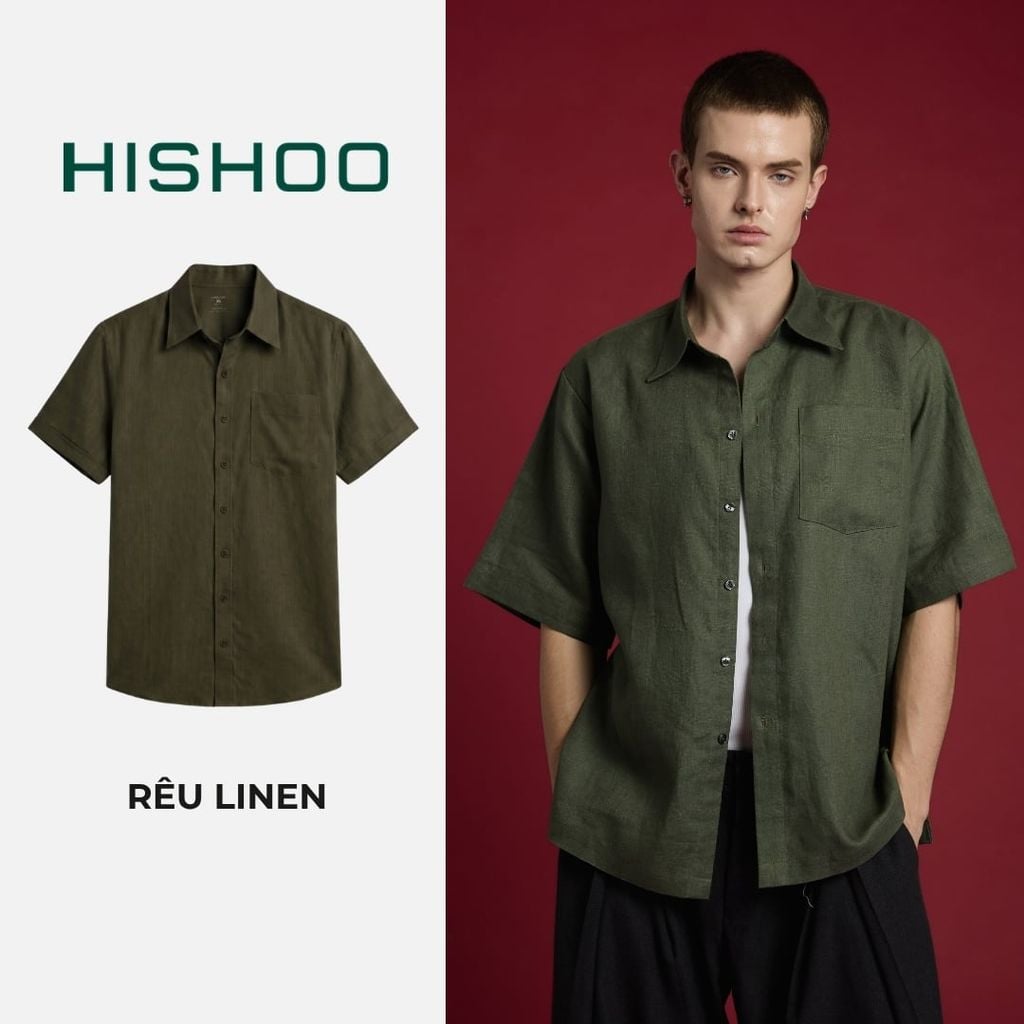Áo Sơ Mi Nam Relax Form Rộng, Cổ Thường, Lai Ngang Linen Solene Vải Mềm Mát HISHOO A1T003