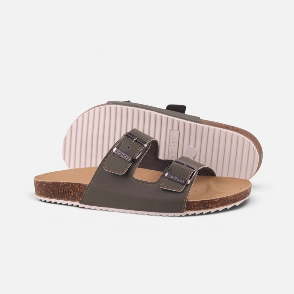 Dép đế trấu birken Rêu quai ngang 2 khoá da bò HISHOO M093
