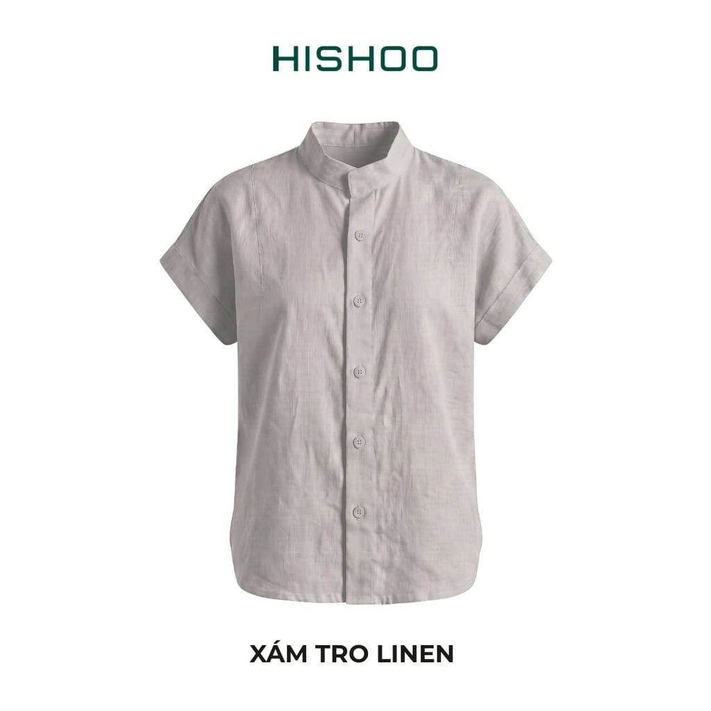 Áo Sơ Mi Nữ Tay Ngắn Relax Form Rộng, Cổ Tàu Vuông, Linen Solene Vải Mềm Mát HISHOO A4G002