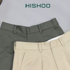 Quần kaki nữ lưng cao xếp li Hishoo short suông basic mặc đi chơi, đi làm HISHOO Q2G001