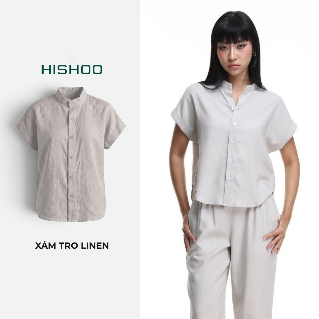 Áo Sơ Mi Nữ Tay Ngắn Relax Form Rộng, Cổ Tàu Vuông, Linen Solene Vải Mềm Mát HISHOO A4G002