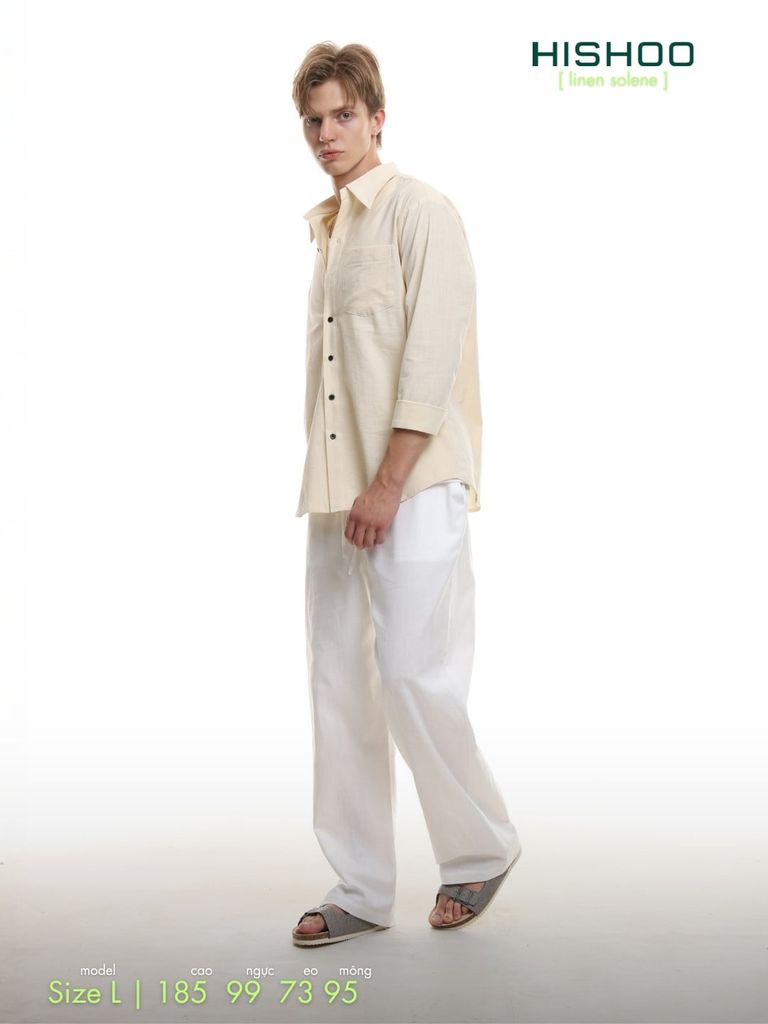 Áo Sơ Mi Nam Tay Dài Relax Form Rộng, Cổ Thường, Lai Ngang Linen Solene Vải Mềm Mát HISHOO A2T003