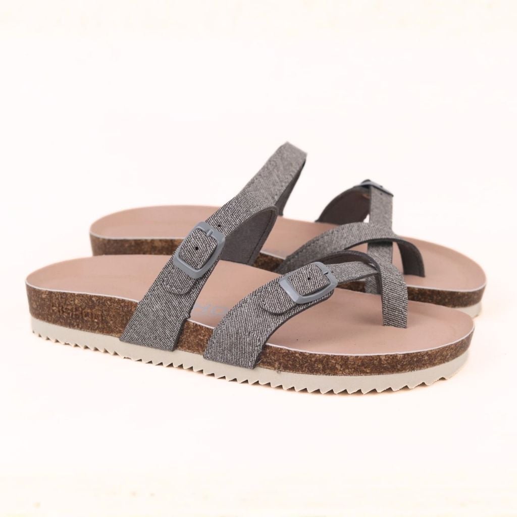 Dép đế trấu birken Xỏ Ngón Xám Demin Khóa Xám Premium HISHOO B098