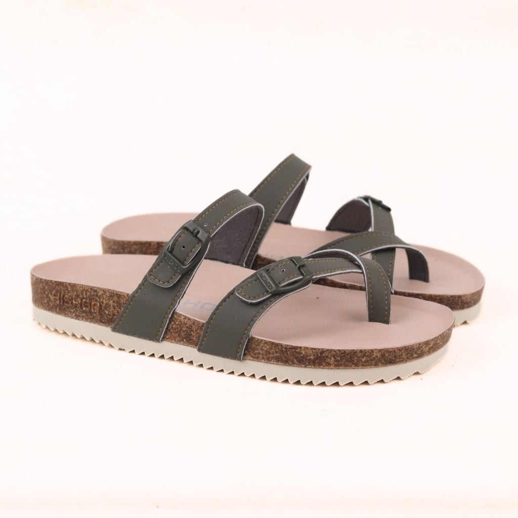 Dép đế trấu birken Xỏ Ngón Xanh Olive Da Trơn Premium HISHOO B098
